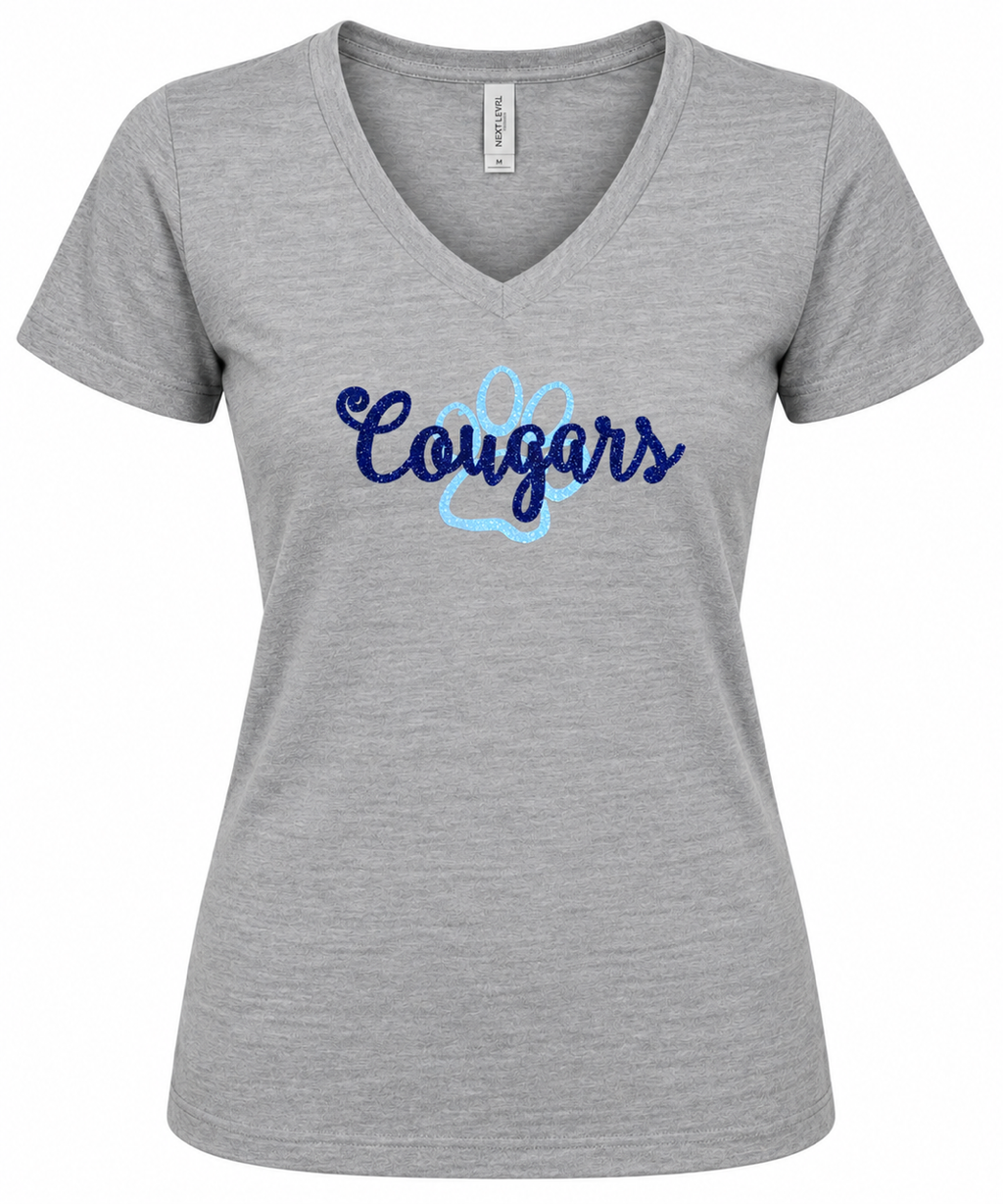 Cougars with Paw Glitter logo on V-neck Tee