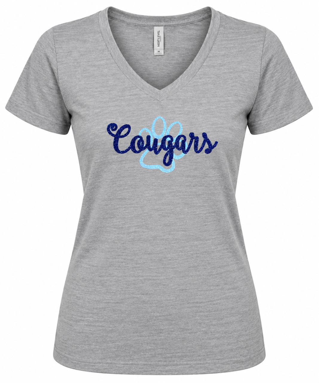Cougars with Paw Glitter logo on V-neck Tee
