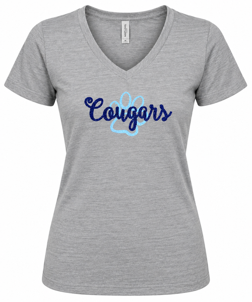 Cougars with Paw Glitter logo on V-neck Tee