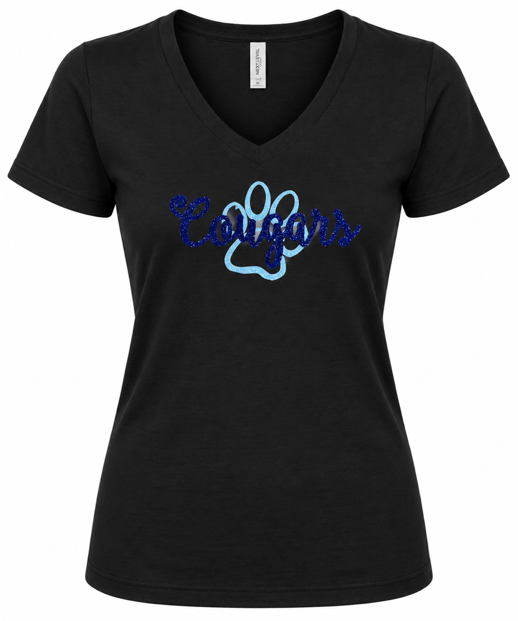 Cougars with Paw Glitter logo on V-neck Tee